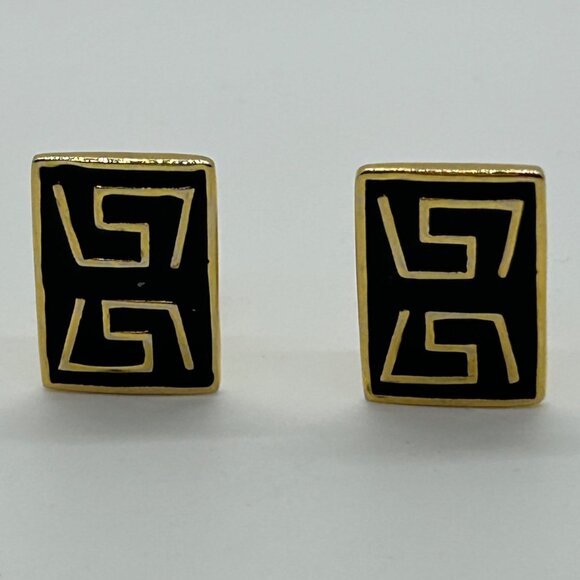 Vintage Gold & Black  Earrings Enamel Greek Key Clip-On 1980s Designer Statement - Picture 2 of 14